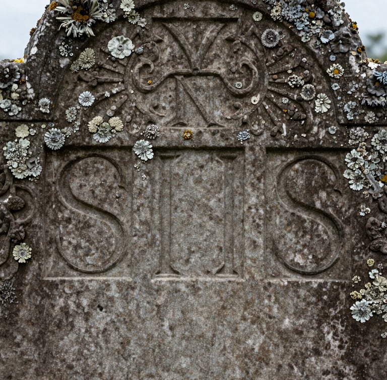 Macro close-up of ancient, weathered headstone with deep-cut serif lettering, lichen-covered stone texture, damp overcast light.