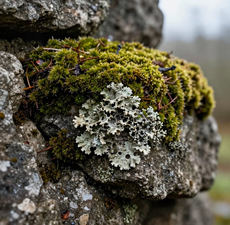 Macro close-up of green moss and weathered lichen growing on ancient stone masonry, damp overcast daylight.