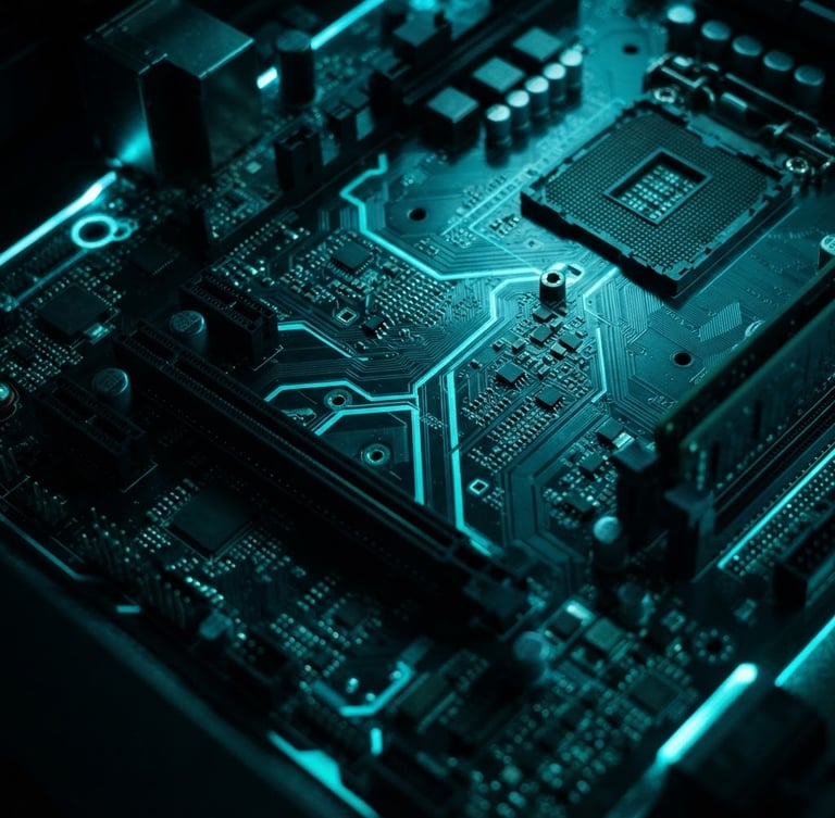 Macro photography of glowing cyber-teal circuit traces on a dark metallic motherboard, dramatic electric blue rim lighting, high-contrast cybernetic mood