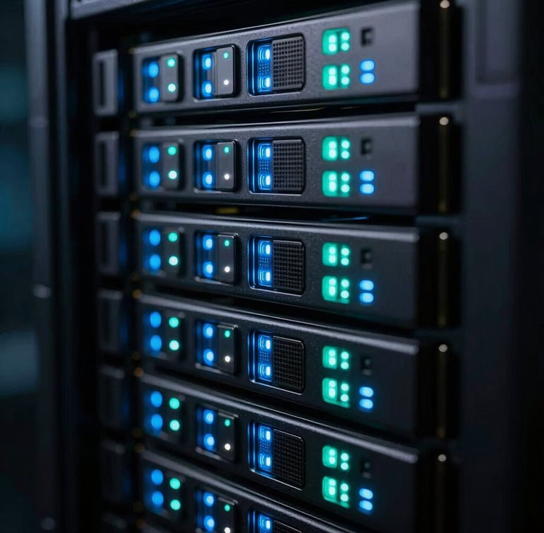 Extreme close-up of server rack nodes with blinking neon blue and teal LED indicators, low-key dramatic studio lighting, dark metallic surfaces
