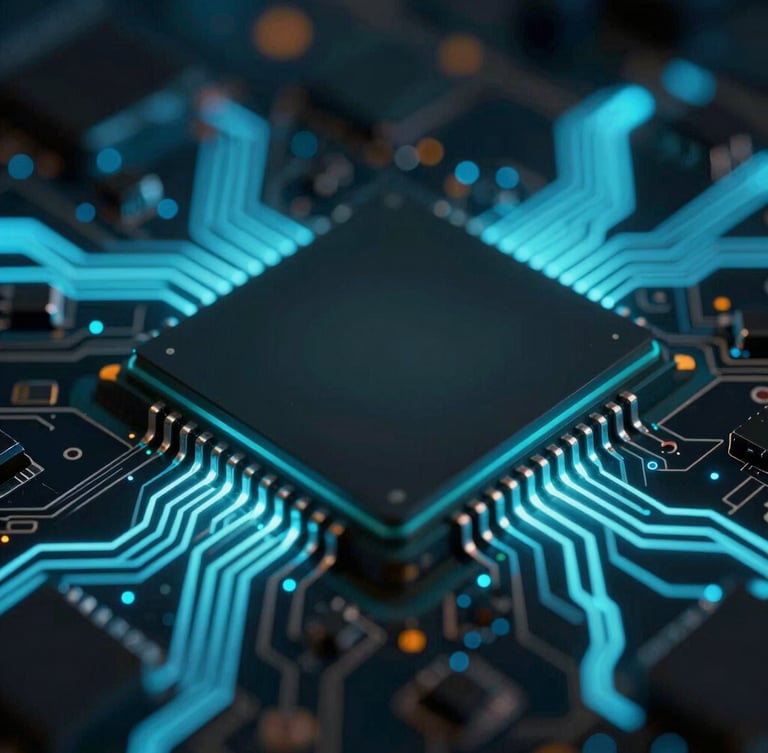 Macro close-up of a glowing silicon microchip, electric blue and cyber teal light paths radiating across dark metallic traces, shallow depth of field
