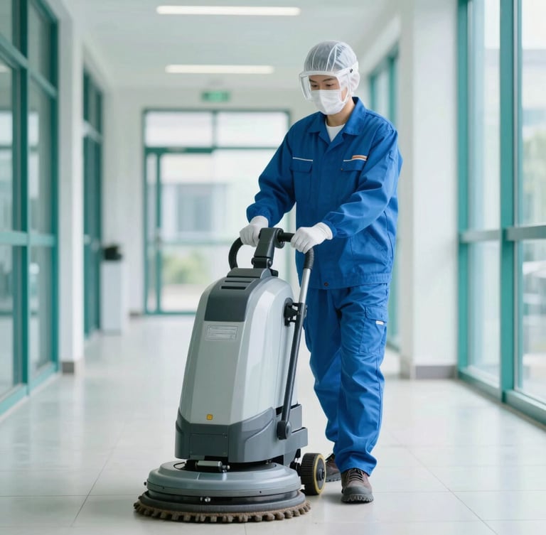 Professional industrial cleaning technician in protective uniform operating an advanced floor scrubbing machine in a bright, modern corporate corridor, sterile teal tones, sharp focus