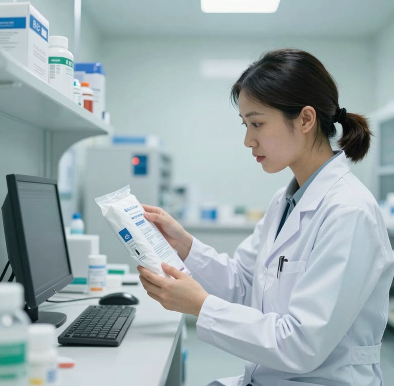 Crisp clinical environment, a professional pharmacist inspecting a sealed medical package in a bright, modern sterile supply room, daylight, 35mm