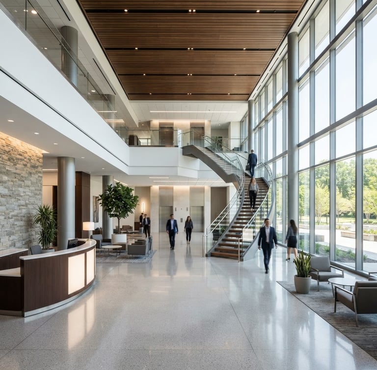 Wide shot of a modern corporate lobby with clean lines and natural light, sharp 35mm lens, high-contrast tones, crisp architectural photography