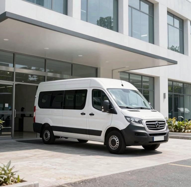 Branded AJCPHOTOGRAPHY LLC mobile studio van parked at a modern office building entrance, professional photographer setting up gear, crisp natural daylight, high-contrast tones