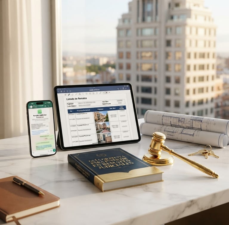 Una escena hiperrealista y elegante sobre un escritorio de mármol blanco: un iPhone mostrando el Canal de WhatsApp, un iPad abierto con un listado PDF de remates, una guía premium titulada 'Guía Gratuita para Invertir en Remates Judiciales', un martillo de remates dorado, planos arquitectónicos, llaves doradas, y un edificio moderno de lujo desenfocado al fondo. Todo con iluminación cinematográfica, tonos cálidos y dorados, profundidad de campo baja.