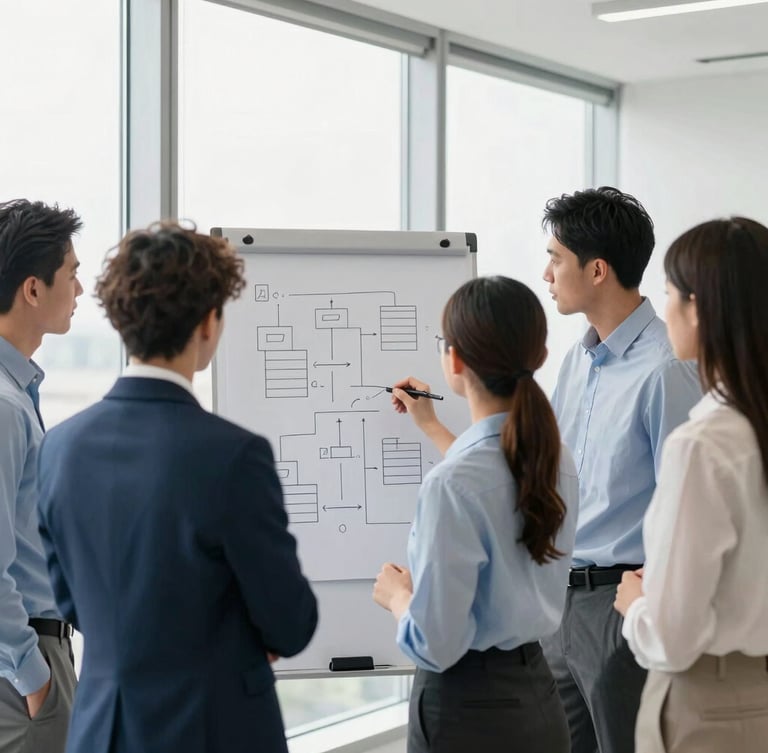editorial corporate photography, bright natural window light, a diverse group of professional leaders collaborating around a whiteboard with structured diagrams, sharp focus, 35mm