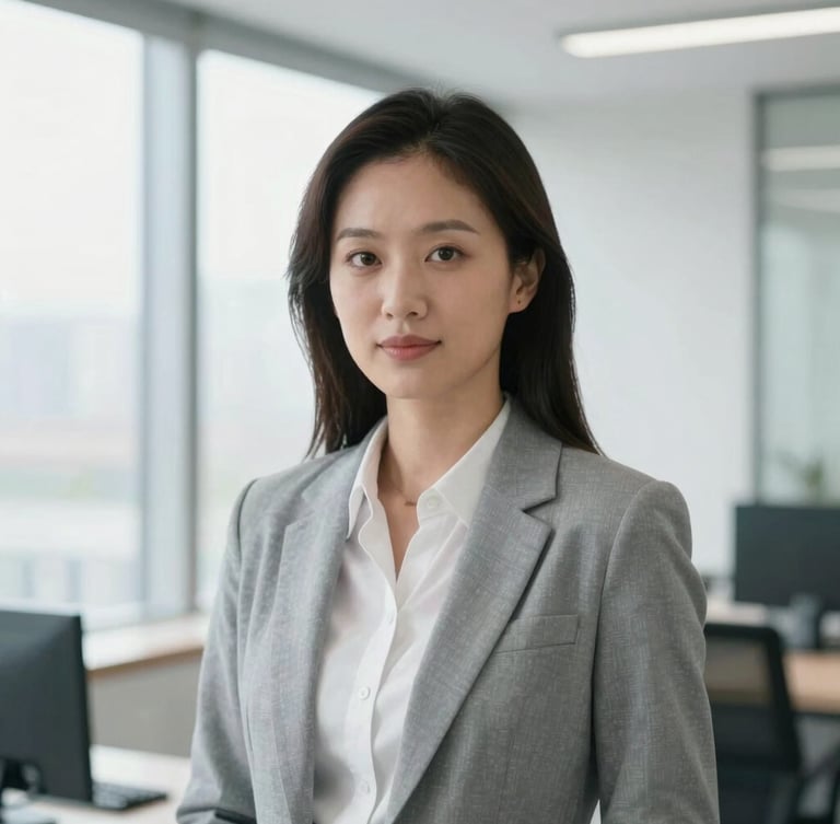 A sharp, direct portrait of a professional leader looking slightly off-camera in a bright, modern office with natural window light.