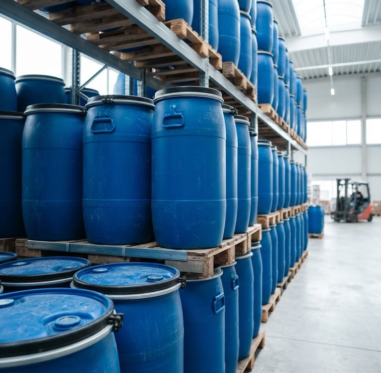 Industrial product photography, bright clean daylight, close-up of blue sealed chemical drums stacked in a modern warehouse, sharp focus, 50mm lens