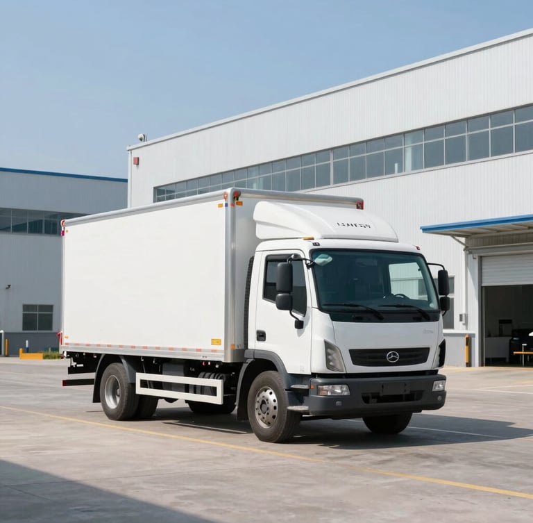 A white bulk delivery truck parked outside a modern chemical distribution facility under bright daylight, clean industrial setting, sharp focus.