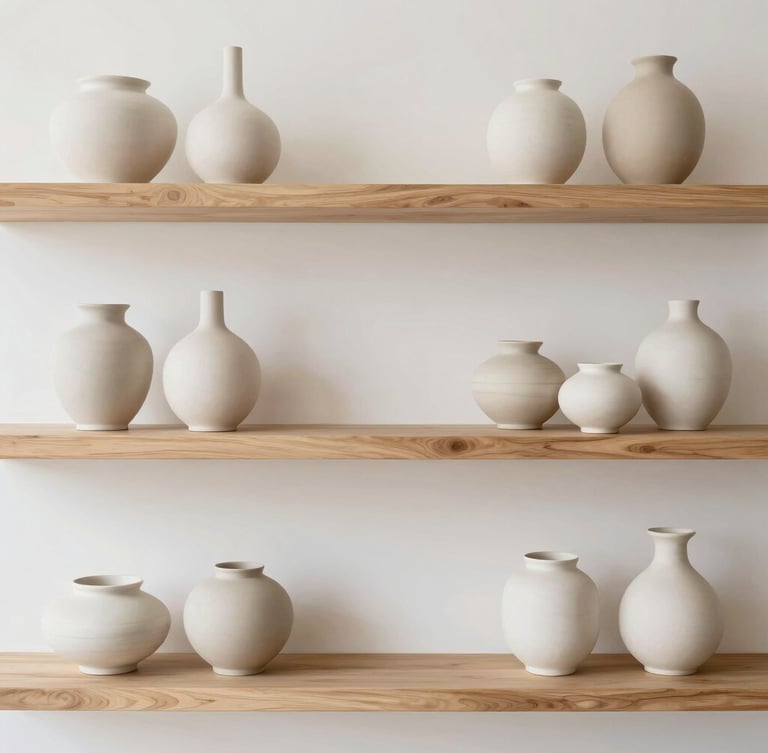 Minimalist boutique interior with curated ceramic vases on oak shelves, bright diffused natural daylight, soft neutral tones, clean composition