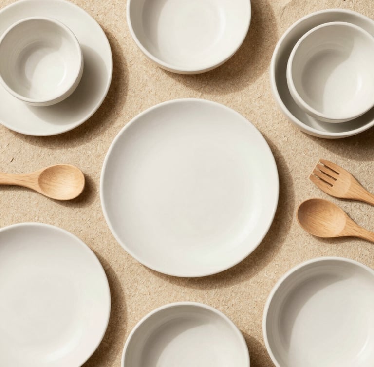Overhead flat-lay of curated ceramic tableware and minimalist wooden kitchen utensils on a warm sand surface, bright diffused natural daylight, soft shadows, portrait aspect.