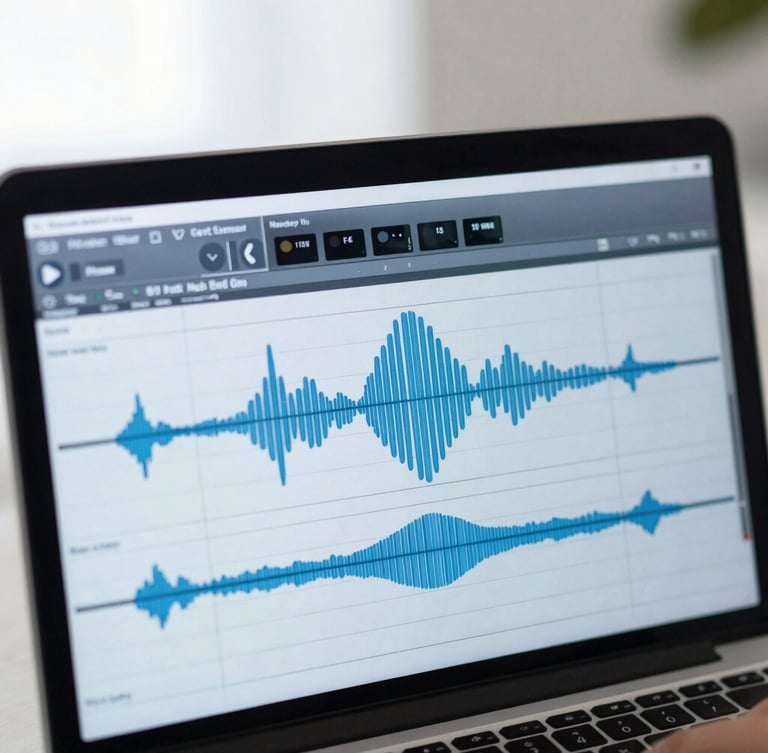 Tight macro shot of audio waveforms on a modern editing screen, soft blue daylight, sharp focus, 50mm lens