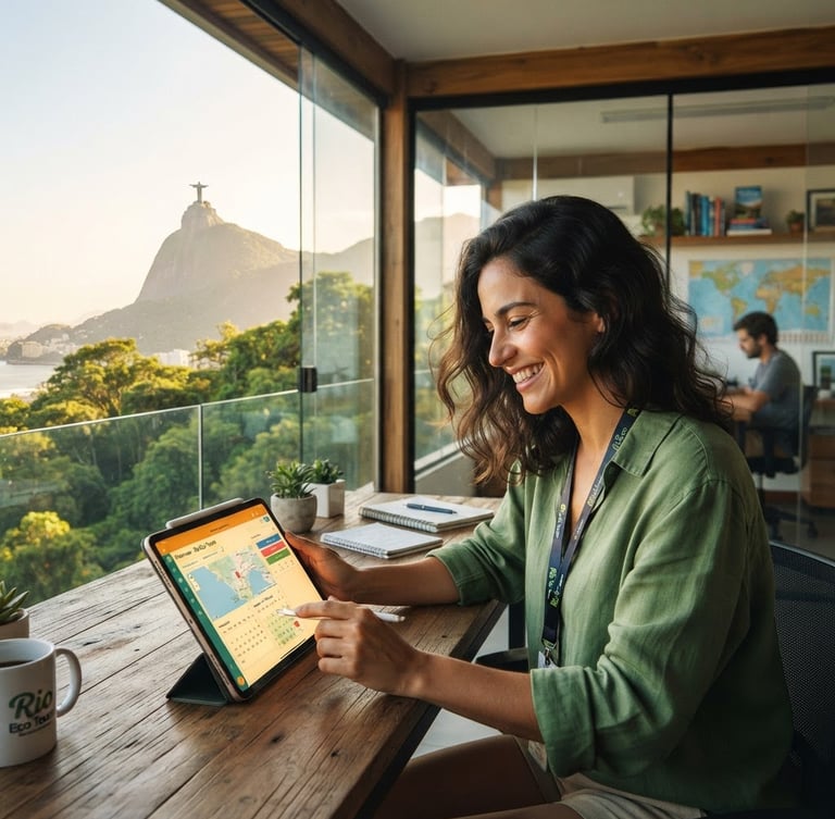 Um operador de turismo sorrindo enquanto usa um tablet para gerenciar reservas, em um escritório moderno com vista para uma paisagem natural brasileira, em um dia ensolarado, com luz dourada natural, wide-angle architectural lens, 35mm.