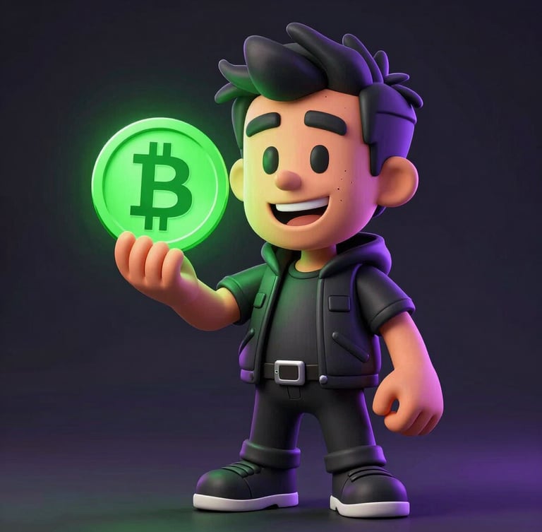 Thick black outline vector cartoon of a gritty, smiling guy named Christian holding a glowing neon-green crypto coin, flat cell-shading, electric purple highlights, dark background.