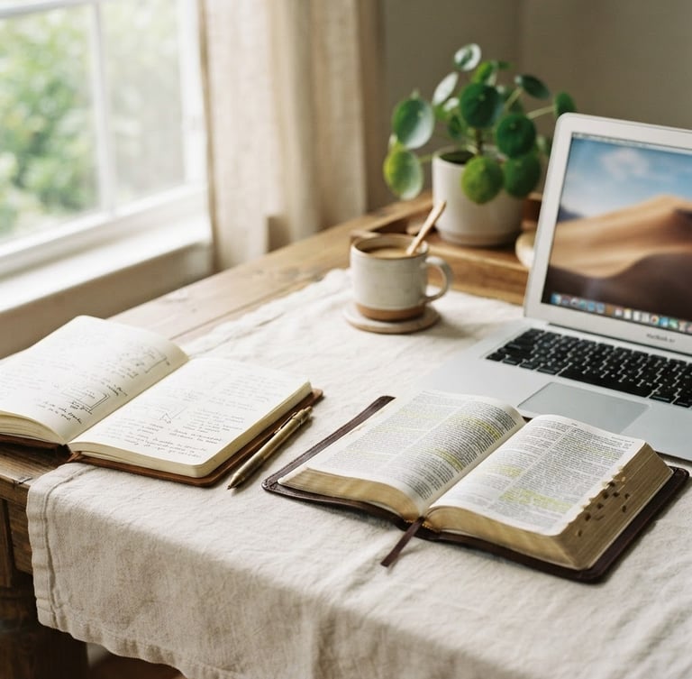 A quiet morning workspace with an open journal, a laptop next to a Bible on a cream tablecloth, soft morning window light, warm editorial style
