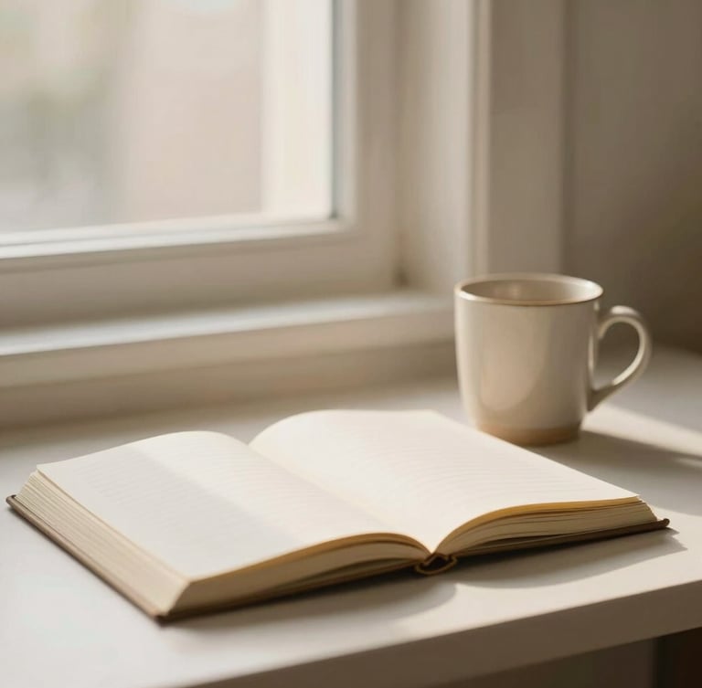 A quiet morning workspace with an open journal, a ceramic mug, soft diffused morning light through a window, warm cream tones, shallow depth of field.