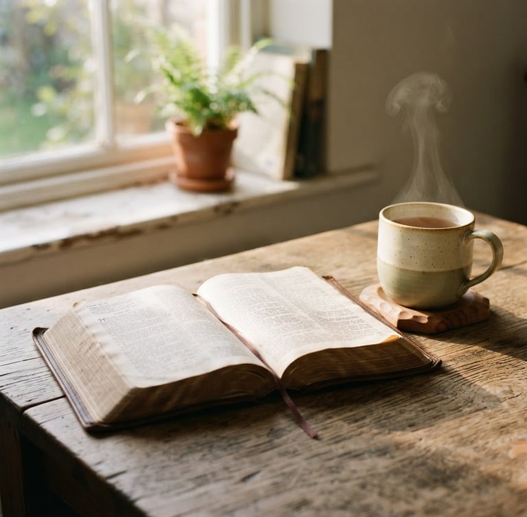An open leather-bound Bible on a rustic wooden table next to a steaming ceramic mug, warm morning sunlight streaming through a window casting soft shadows, shallow depth of field, warm editorial photography style.