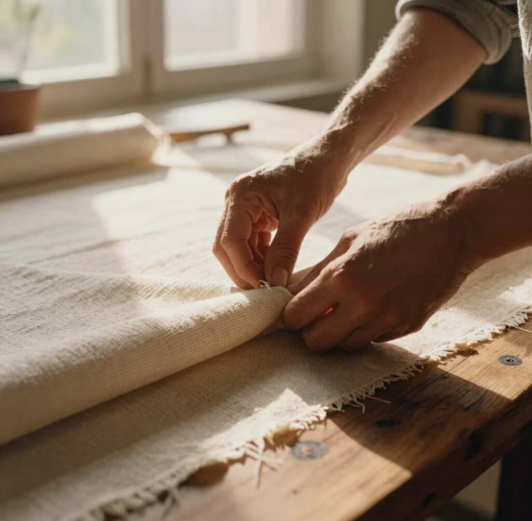 Hands of a craftsman arranging linen fabrics on a rustic wooden table, soft window light highlighting the weave, cinematic 35mm film