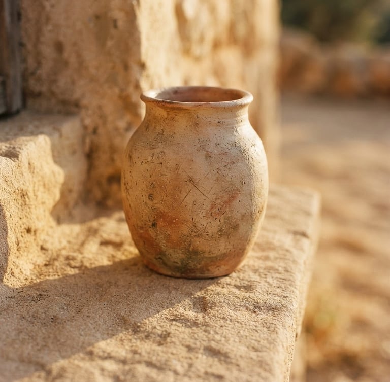 Close-up of a raw ceramic vase on a sandy stone ledge, warm golden-hour sunlight casting long soft shadows, cinematic 35mm film style