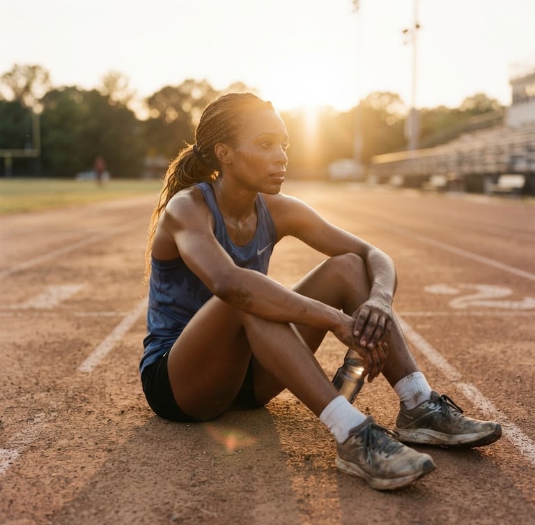 Cinematic portrait of an athlete resting on a dusty outdoor track, warm golden-hour sunlight casting long shadows, authentic lens flare, 35mm film style.