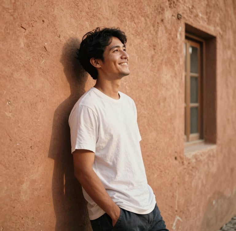 Retrato de medio cuerpo del fotógrafo sonriendo de medio lado, apoyado en una pared rústica de terracota, luz natural suave de ventana, sombras sutiles, grano cinematográfico.