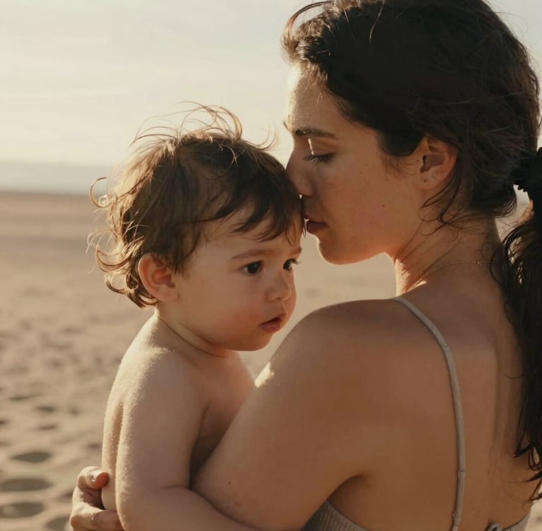 Intimate portrait of a mother holding her toddler close, soft window light illuminating their faces, warm sand tones, emotional, authentic, shallow depth of field.