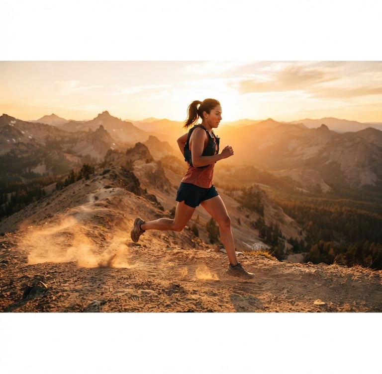 Cinematic action shot of a trail runner mid-stride on a dusty mountain ridge at golden hour, backlit by warm sun, kick of dust, shallow depth of field