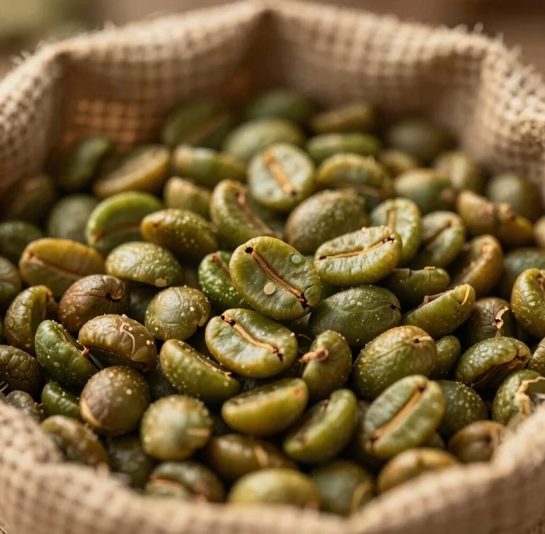 Macro shot of green coffee beans in a jute sack, warm golden-hour lighting, shallow depth of field, premium agricultural provenance