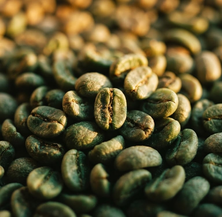 Macro close-up of raw green coffee beans, golden-hour dramatic lighting, shallow depth of field, rich emerald and gold tones, 35mm