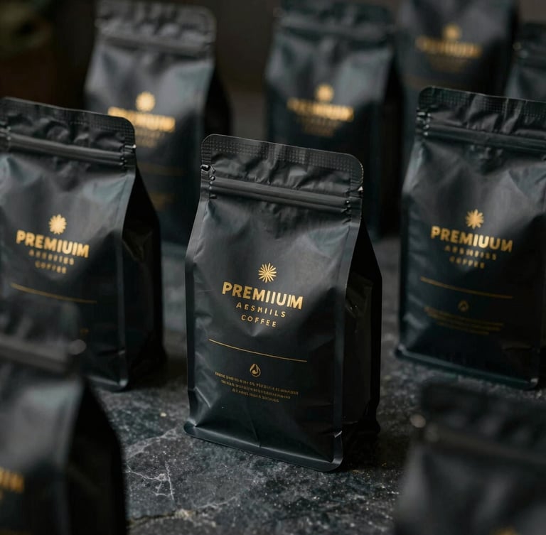 Premium matte black coffee bags with elegant gold foil branding, arranged on a dark stone surface, soft moody lighting, 35mm