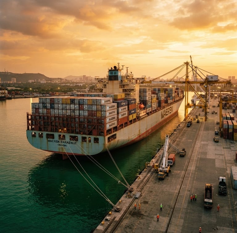 Cinematic wide-angle shot of a massive container vessel docked at a deep-water Indian port during golden hour, rich emerald water reflection, warm gold sky, 35mm photography.