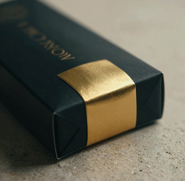 Macro close-up of premium minimalist black and gold product packaging on a clean stone surface, soft dramatic side lighting, shallow depth of field.