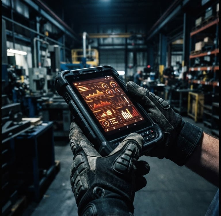 Macro shot of a rugged Android handheld device screen displaying a high-contrast telemetry interface, hands in heavy-duty industrial gloves holding the device, dark warehouse background with cool metallic tones and warm screen glow, 35mm
