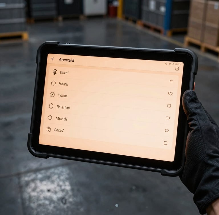 Macro shot of a rugged Android tablet screen showing a clean telemetry interface, held by a gloved hand on a dark, high-contrast warehouse floor with cool metallic tones and warm orange screen glow, 35mm.
