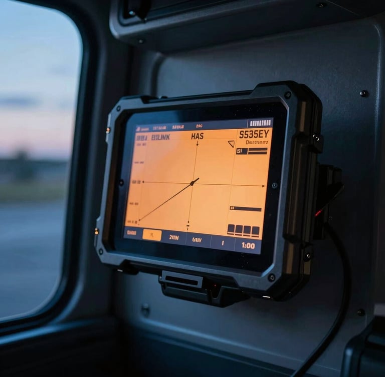 Close-up of a rugged tablet mounted in a truck cabin at dusk, cool blue interior lighting with warm orange screen telemetry visible, professional industrial tech photography