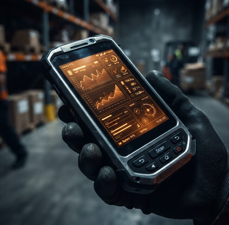 Macro shot of a rugged Android handheld device screen in a low-light warehouse, sharp focus on a crisp telemetry UI, high-contrast side-lighting, cool metallic tones with warm orange screen glow