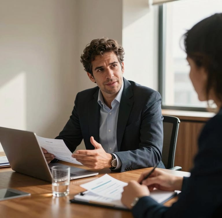 Unposed environmental portrait of Fernando Carmona in a warm side-lit boardroom, discussing operational metrics with a client, deep perspective, natural light.