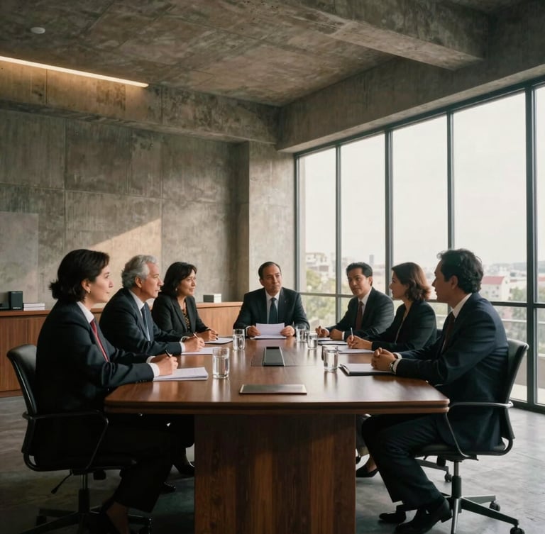 Wide environmental portrait of an executive boardroom in Monterrey, warm side-lighting through large windows, concrete architectural textures, deep perspective.
