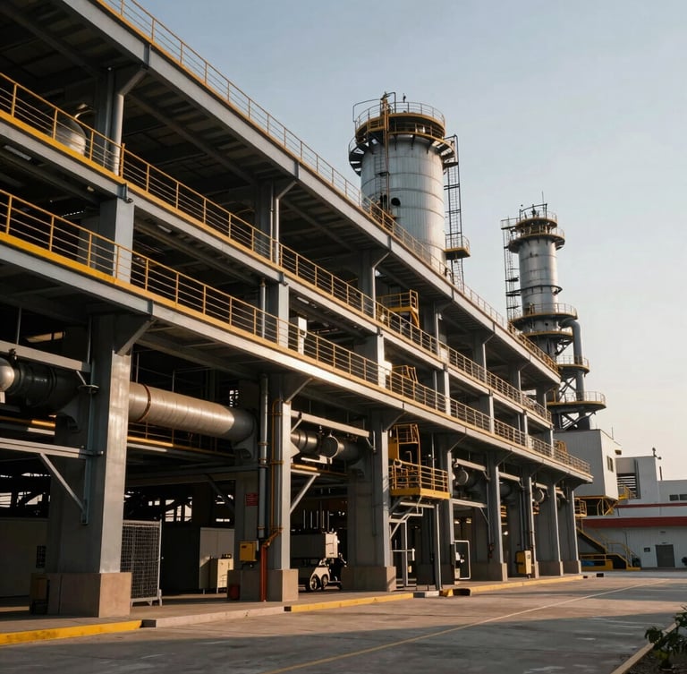 Architectural detail of a modern industrial facility in Monterrey, deep perspective, warm natural side-lighting, high-contrast shadows.