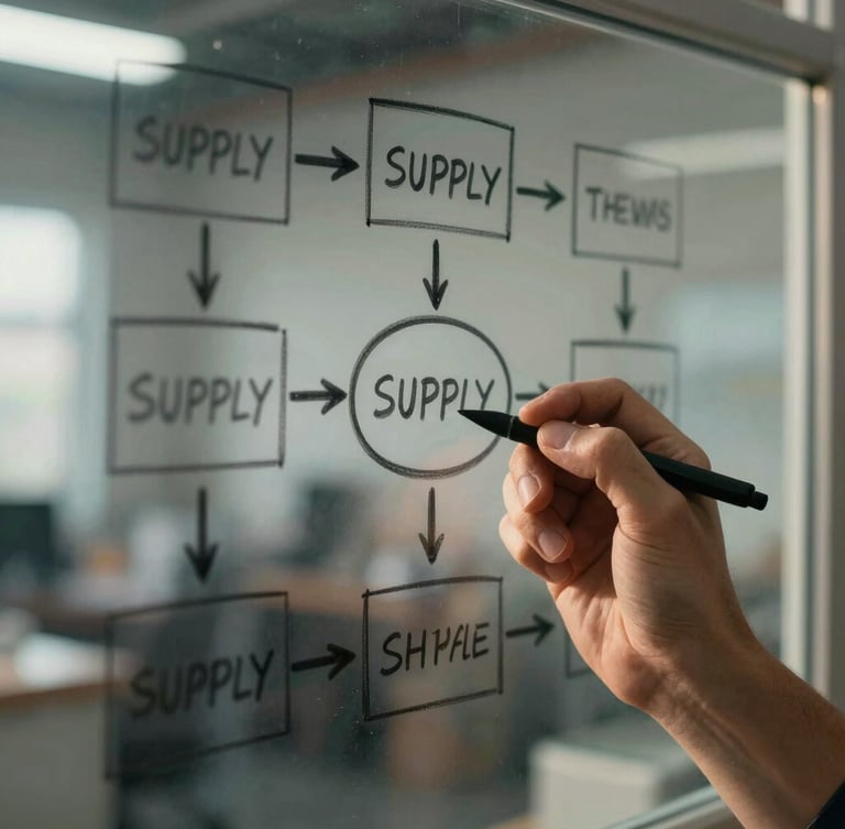 Tight macro shot of a hand-sketched supply chain diagram on a glass whiteboard, warm side-lighting catching the ink lines, blurred industrial background.
