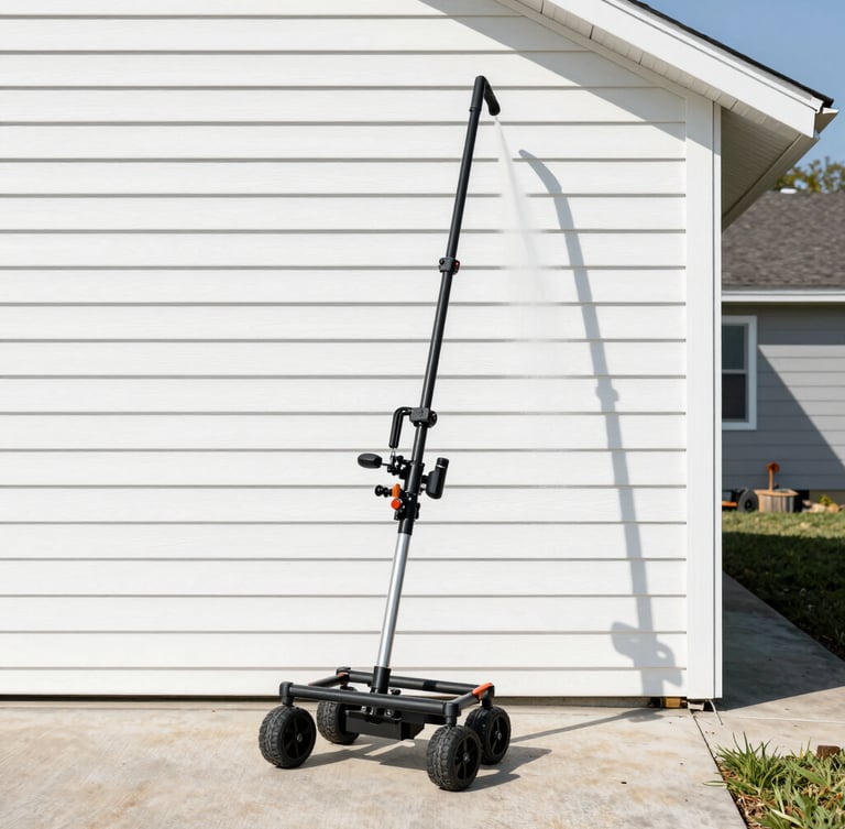 Bright outdoor photography, direct midday sunlight, a clean professional power washing rig parked in a suburban driveway, high-contrast clean vinyl siding, sharp focus, 35mm