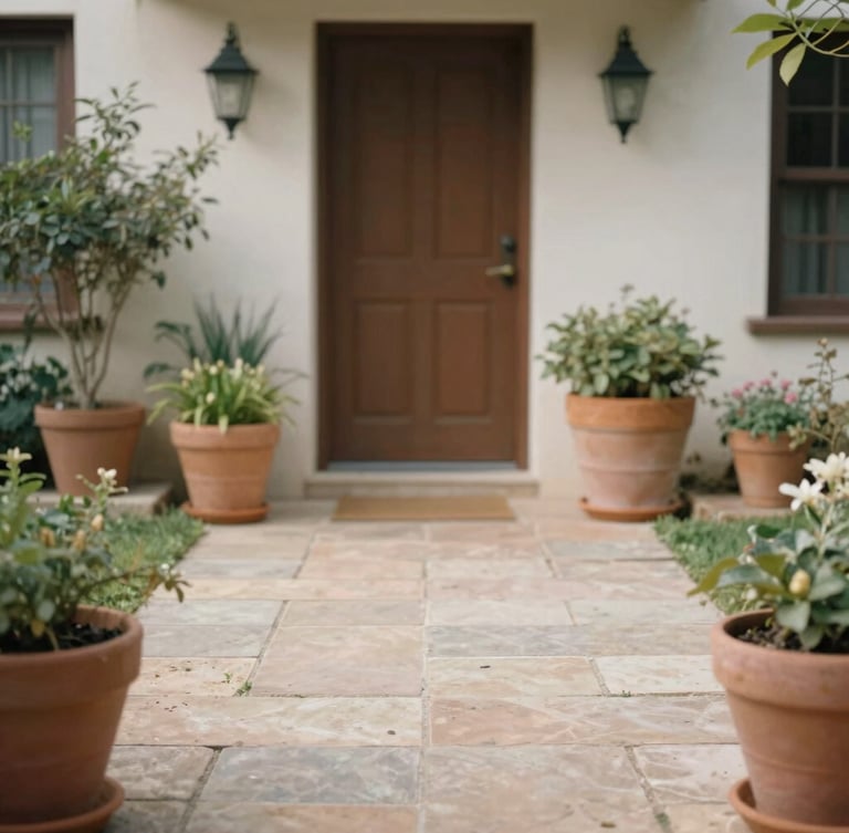 A beautifully restored front garden with clean swept stone path, warm terracotta pots, soft natural daylight, authentic documentary style