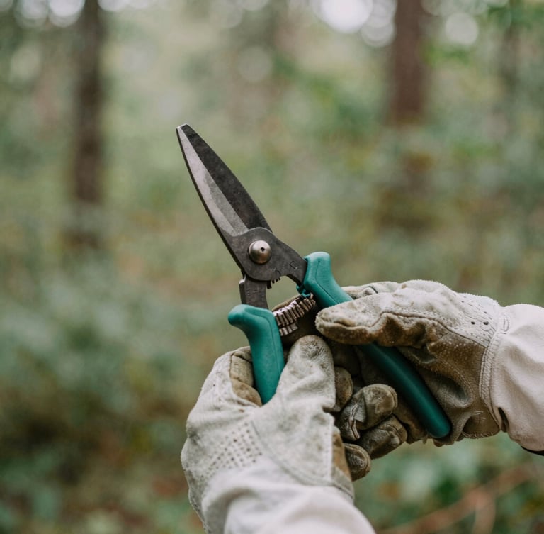 Close-up of strong hands wearing protective leather work gloves, holding a pair of clean garden shears, soft natural morning light, grounding forest green tones in the background, authentic documentary style