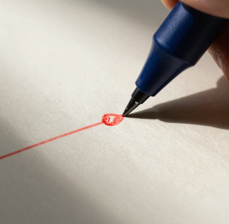 Close-up macro shot of red ink editorial markup on thick cream textured paper, sharp high-contrast side-lighting, deep shadows