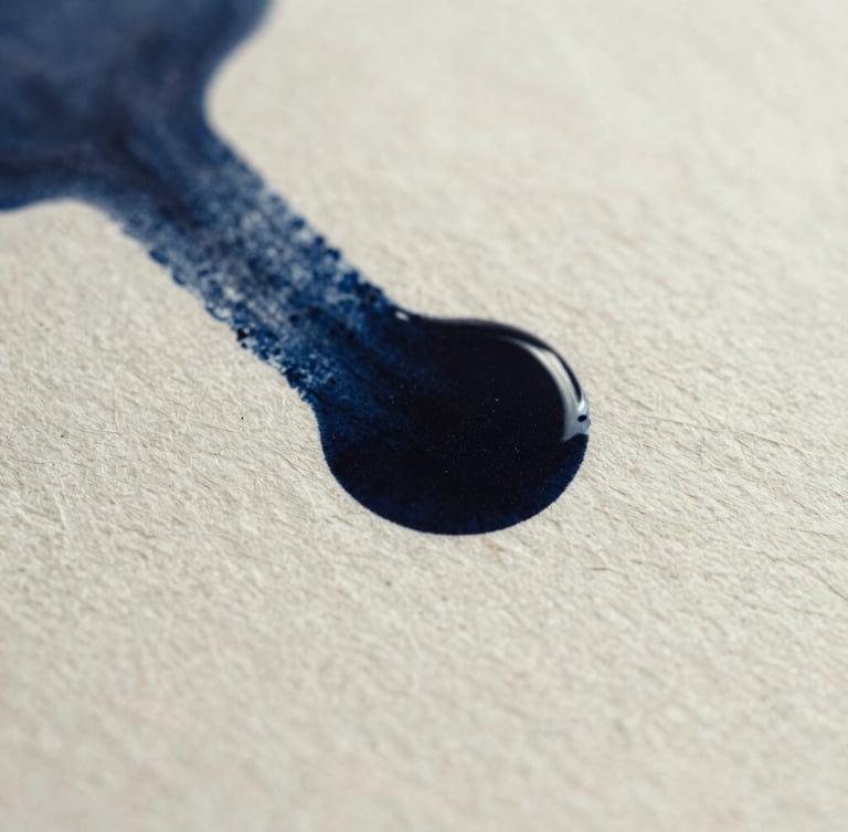 Macro shot of black ink pooling on heavily textured cold-press paper, sharp focus on paper fibers, high-contrast side-lighting, deep ink-blue tones, 35mm photography
