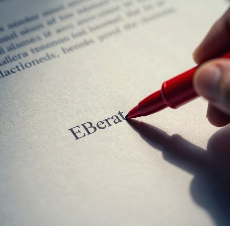 Close-up of editorial markup with red pen on physical paper draft, high-contrast side-lighting, deep shadows
