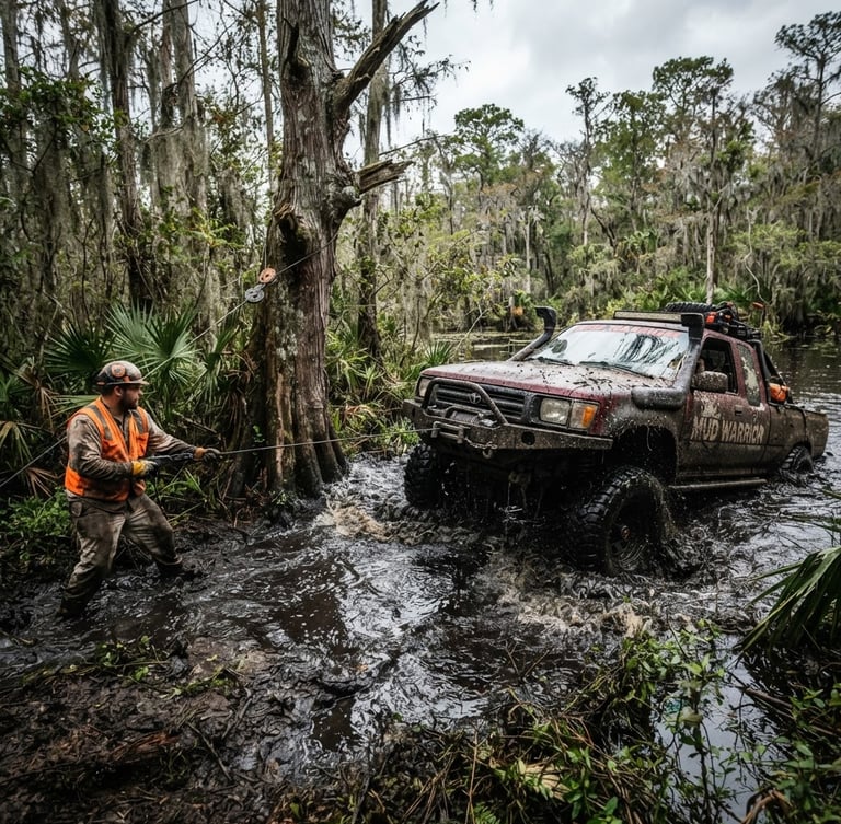 Low-angle dramatic shot of a muddy 4x4 truck being winched from a deep swamp trail, tensioned steel cables, overcast Florida backwoods daylight.