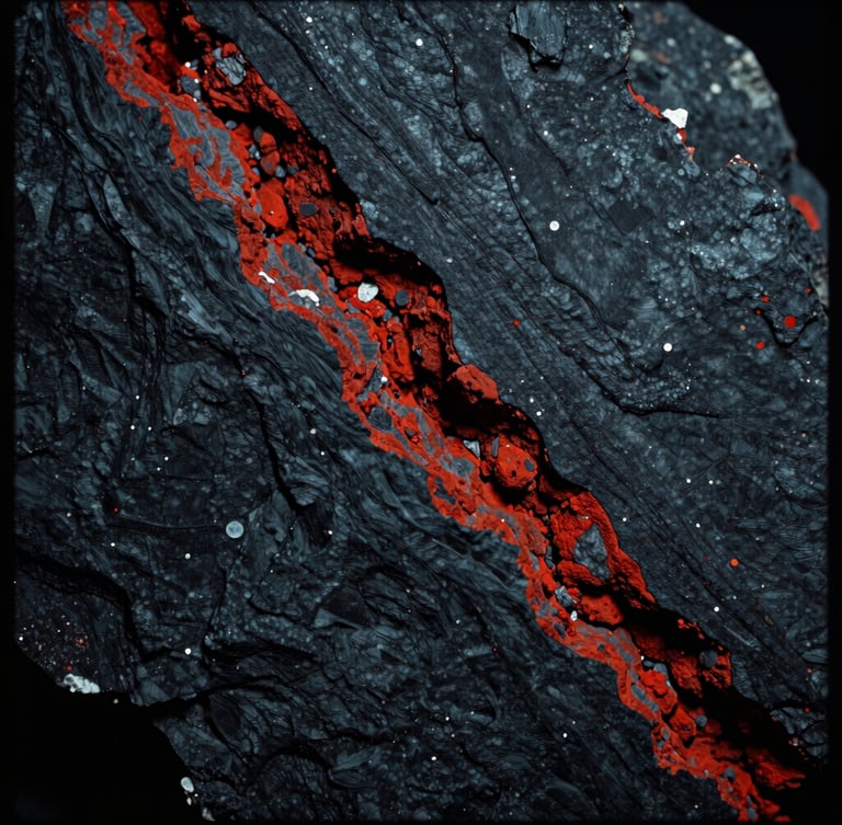 Macro photograph of a deep-cut geological core sample, showing high-contrast mineral strata, moody low-key side lighting, deep slate and iron-ore red tones, 35mm film.