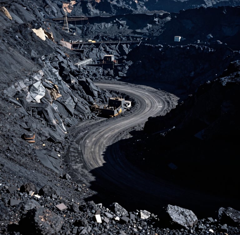 Extreme wide-angle environmental shot of a remote industrial mining site, dramatic side-lighting, deep shadows, 35mm film.